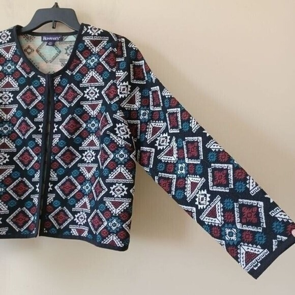 Roamans Jacket Sz 14W Southwestern Tapestry Artsy Aztec Open Boxy Short Jacquard - Picture 5 of 5